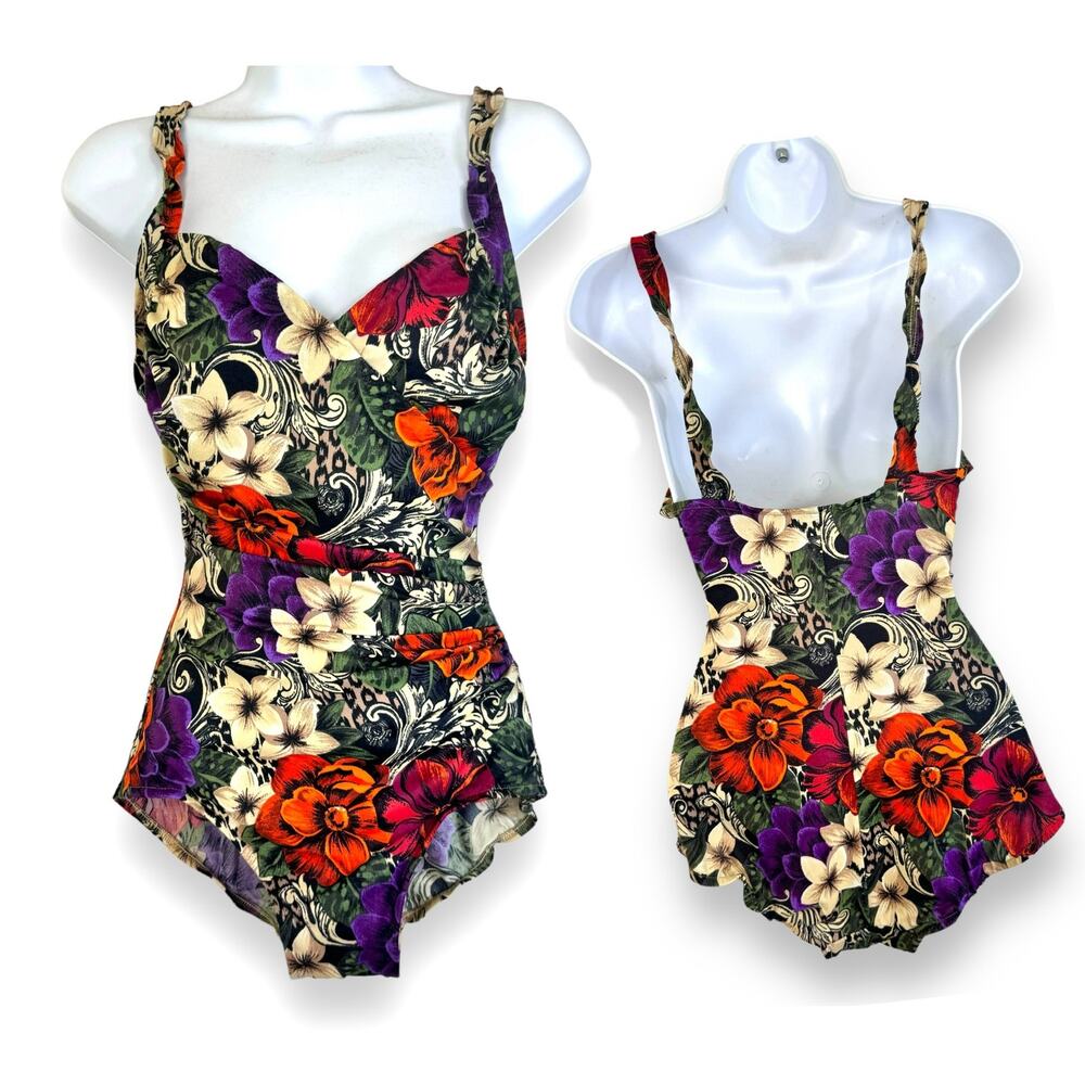 Vintage Ruched Surplice One-Piece Swimsuit Tropical Floral 8 Pinup Beach